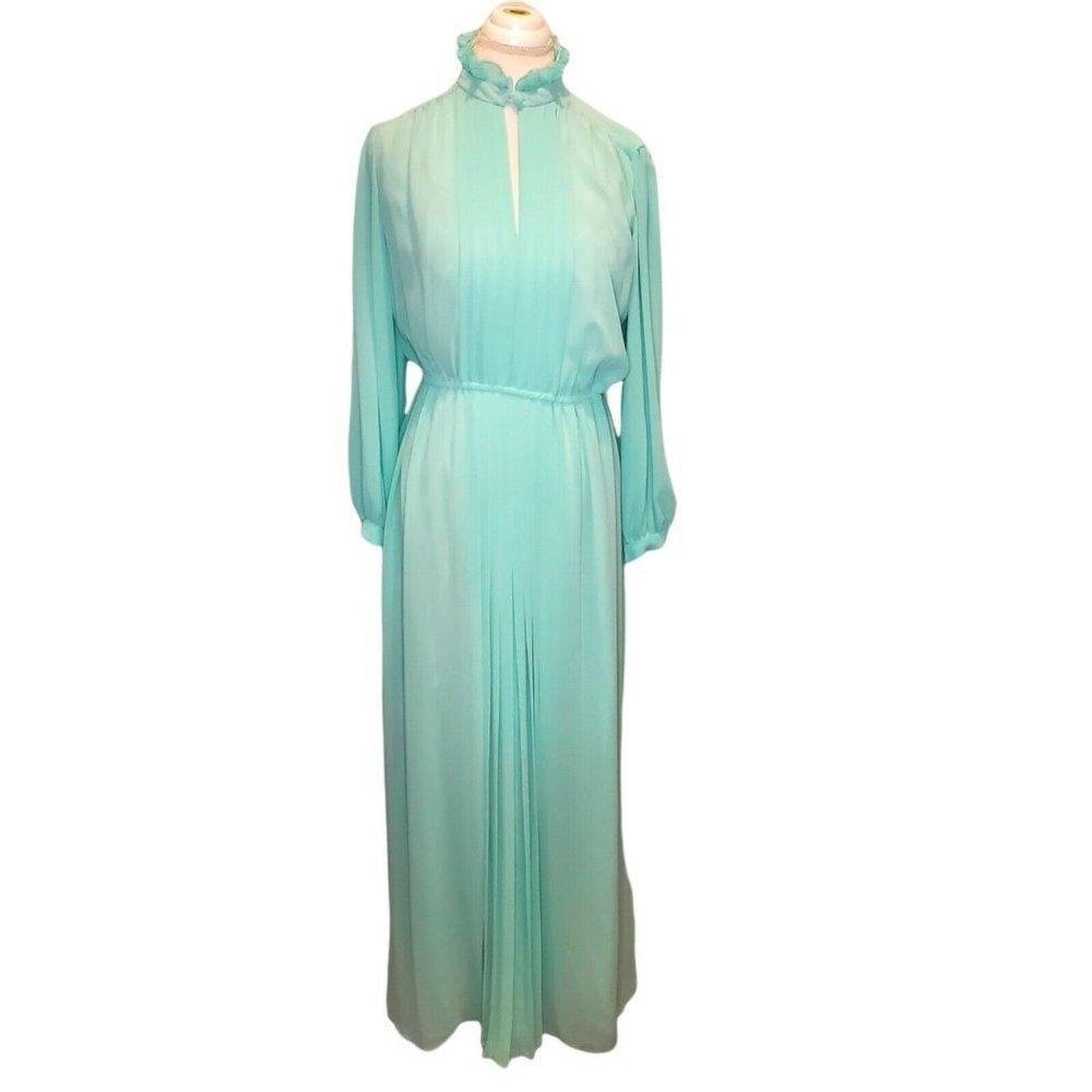 Vintage 70s Womens Mint Green Sheer Maxi Hostess Dress Longsleeve‎ W Slip Sz M